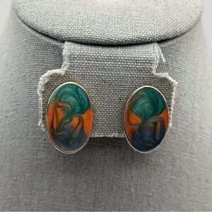 Vintage Gold Tone Oval Orange, Green and Purple Swirl Marble Inspired Clip Ons
